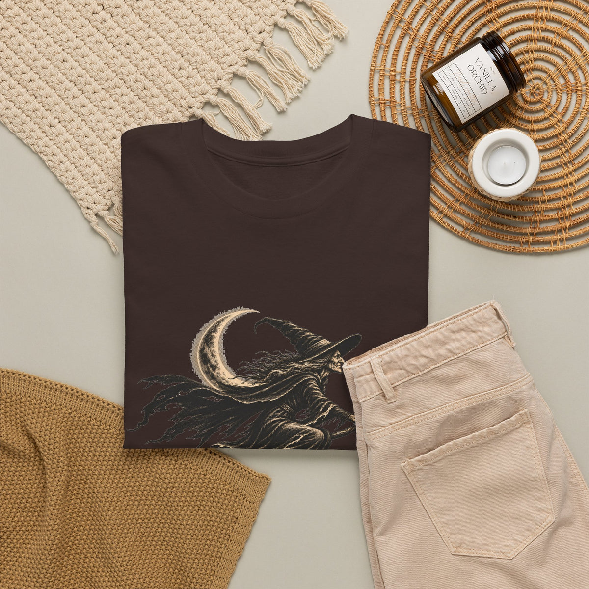 Crescent Witch Broom T-Shirt — Spooky Halloween Witch Graphic Tee