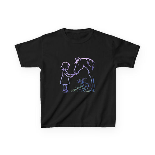 Girl Feeding Horse Kids Tee | Cute Neon Line Art