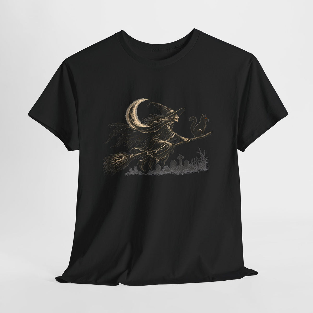 Crescent Witch Broom T-Shirt — Spooky Halloween Witch Graphic Tee