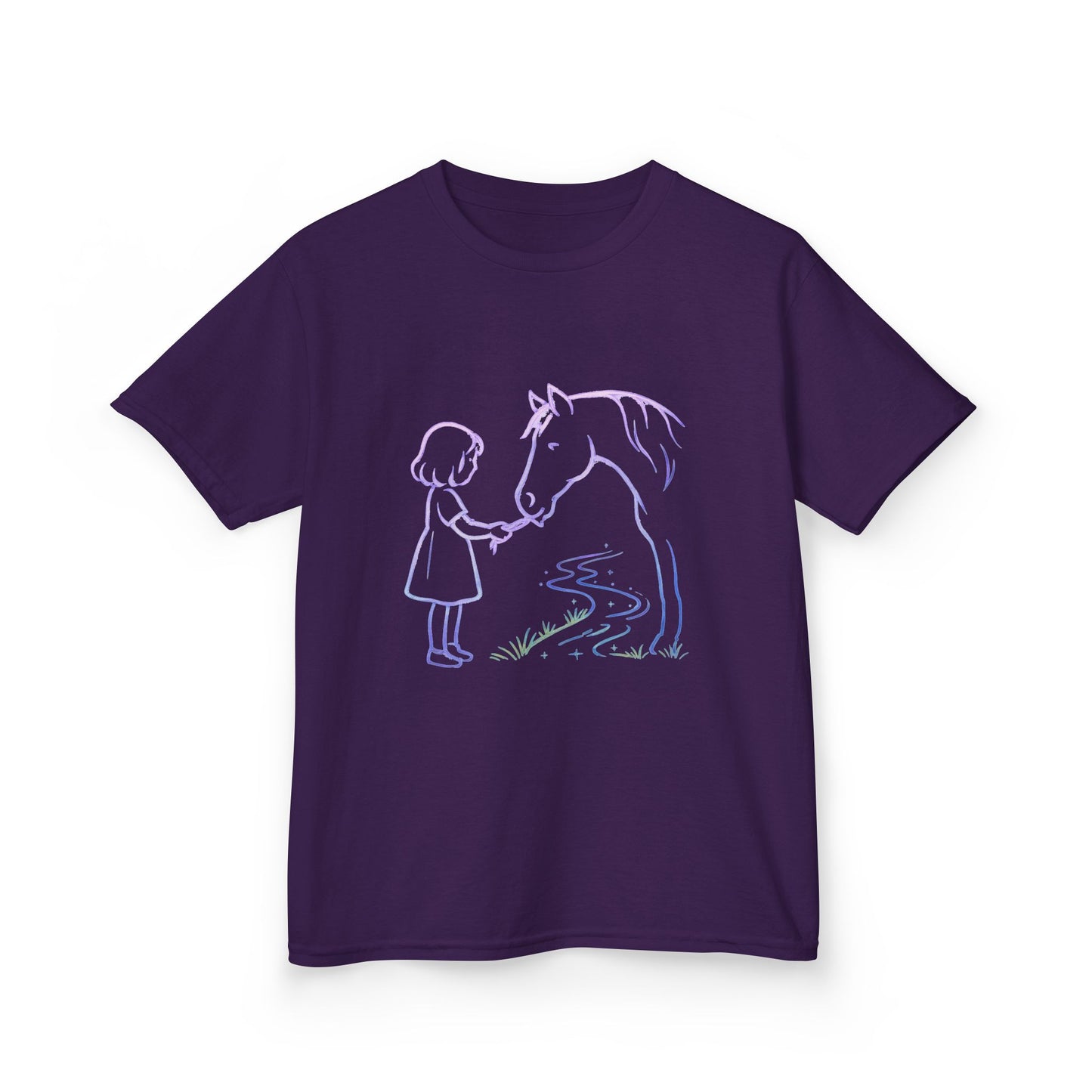 Girl Feeding Horse Kids Tee | Cute Neon Line Art