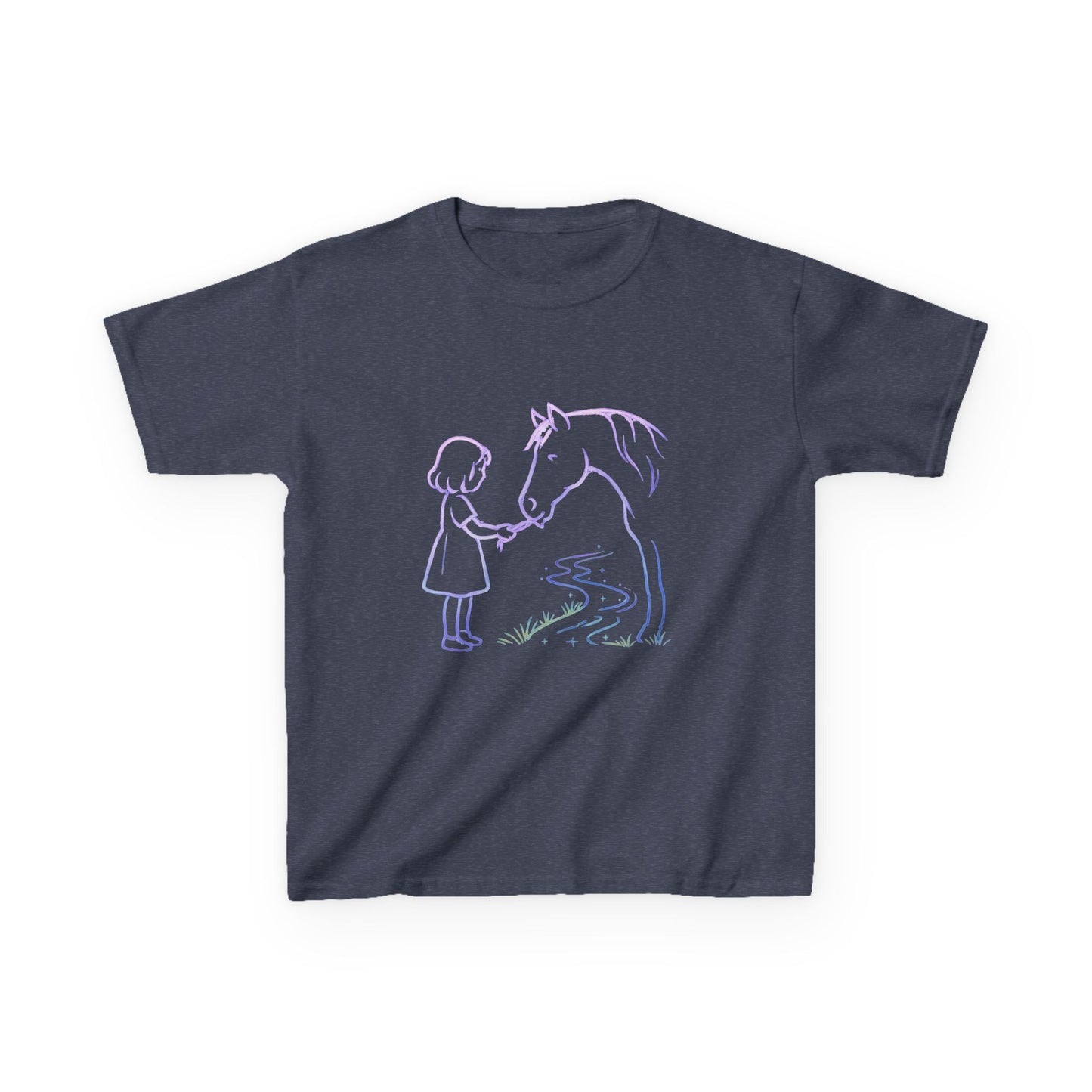 Girl Feeding Horse Kids Tee | Cute Neon Line Art