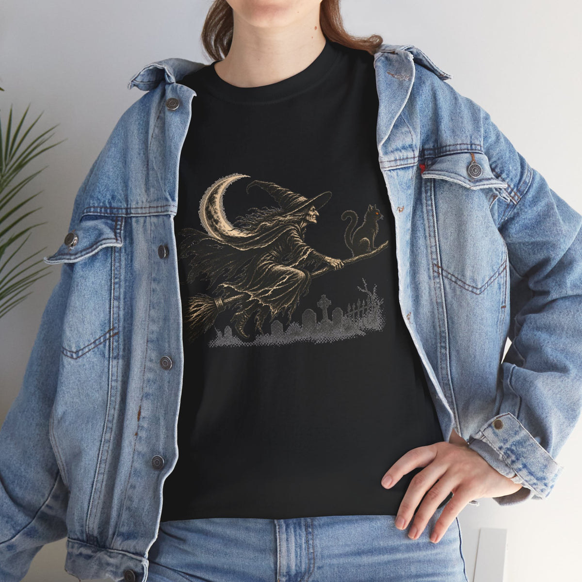 Crescent Witch Broom T-Shirt — Spooky Halloween Witch Graphic Tee