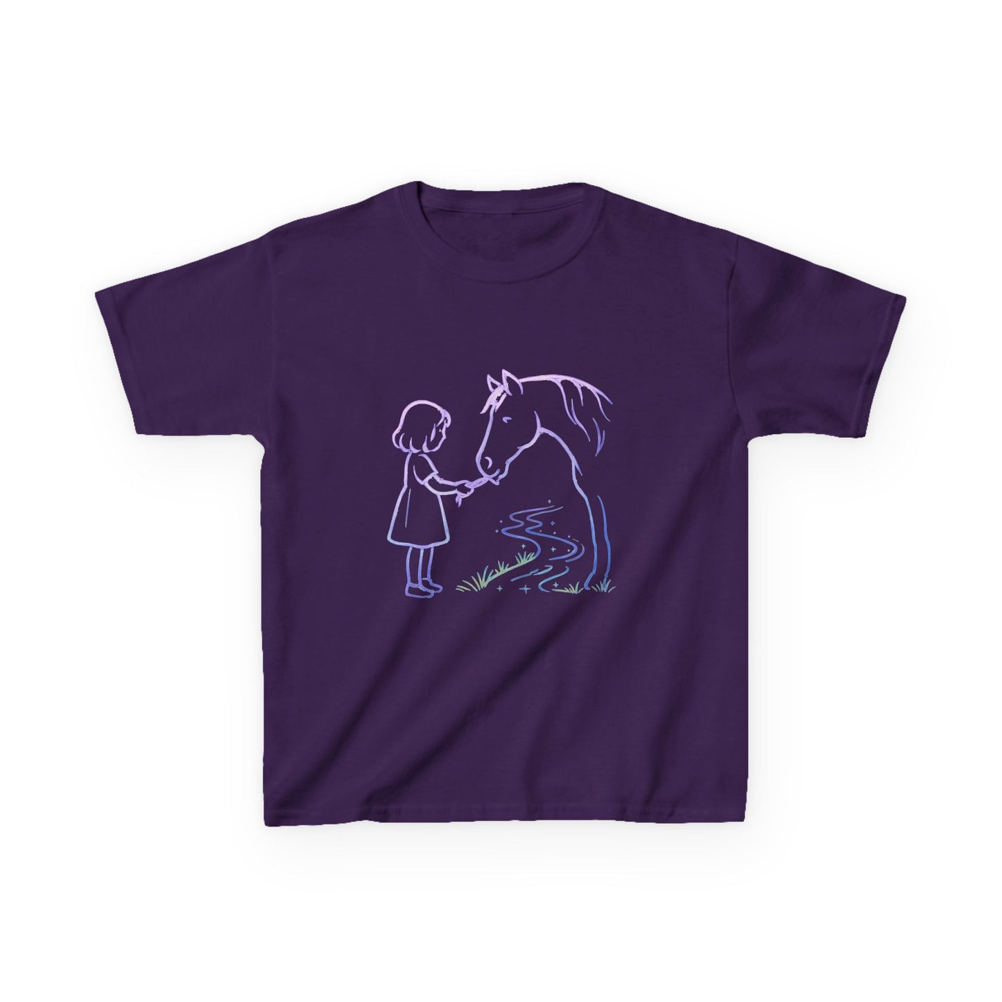 Girl Feeding Horse Kids Tee | Cute Neon Line Art