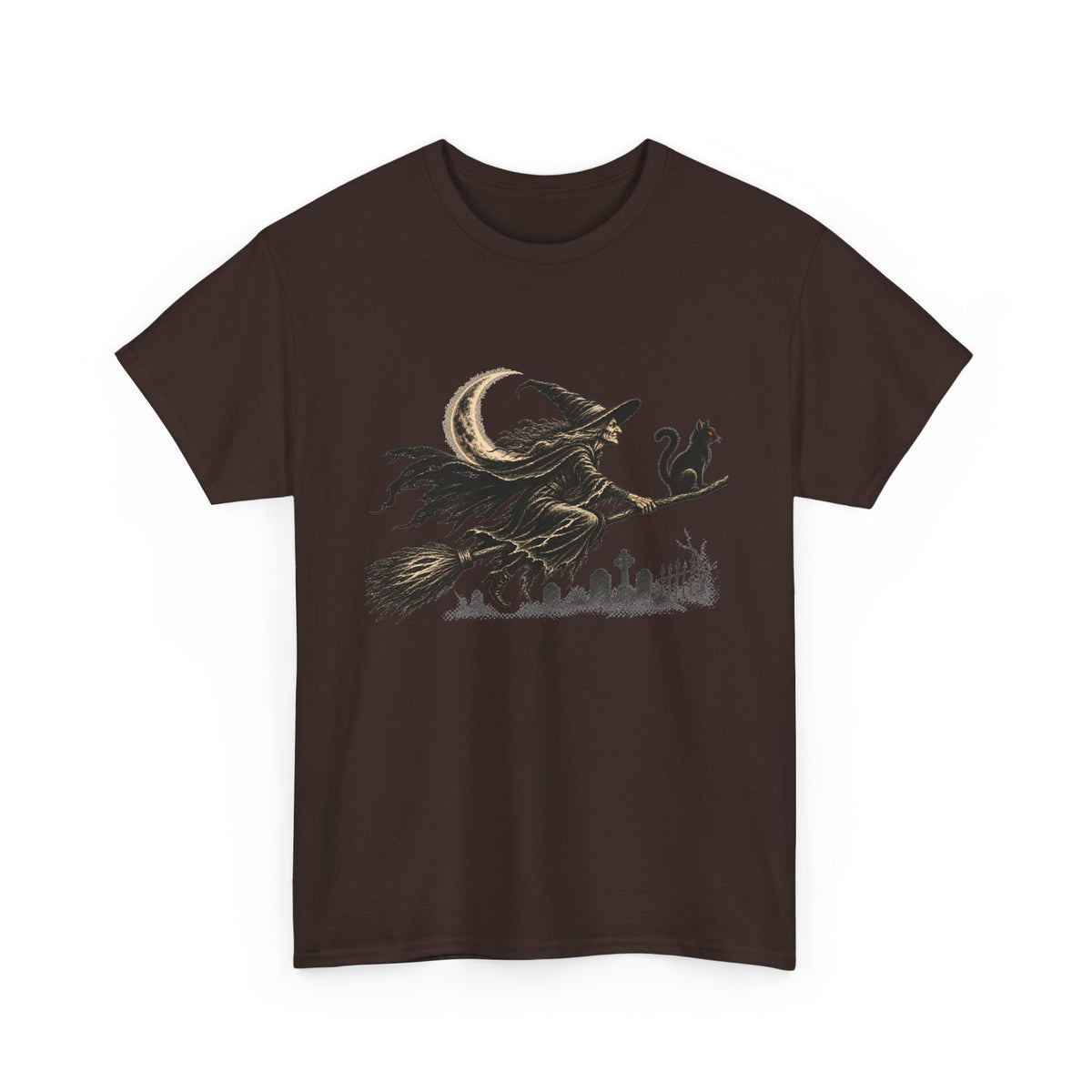 Crescent Witch Broom T-Shirt — Spooky Halloween Witch Graphic Tee