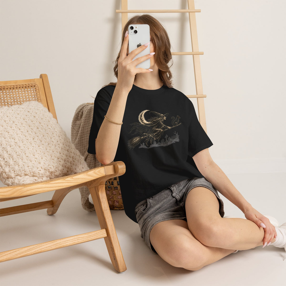 Crescent Witch Broom T-Shirt — Spooky Halloween Witch Graphic Tee