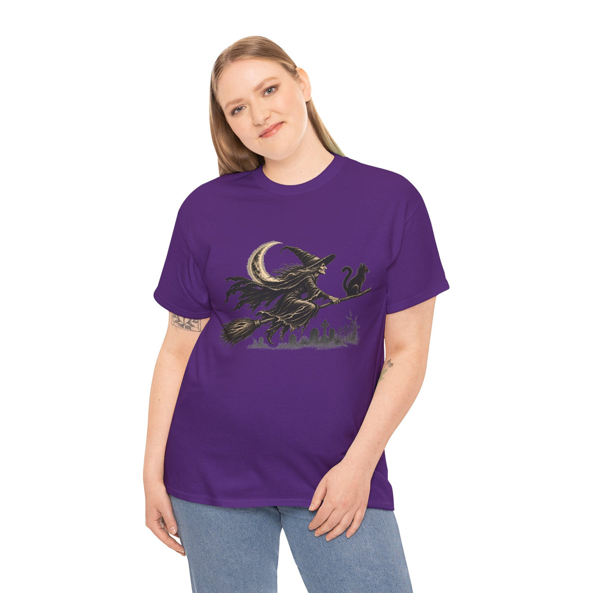 Crescent Witch Broom T-Shirt — Spooky Halloween Witch Graphic Tee