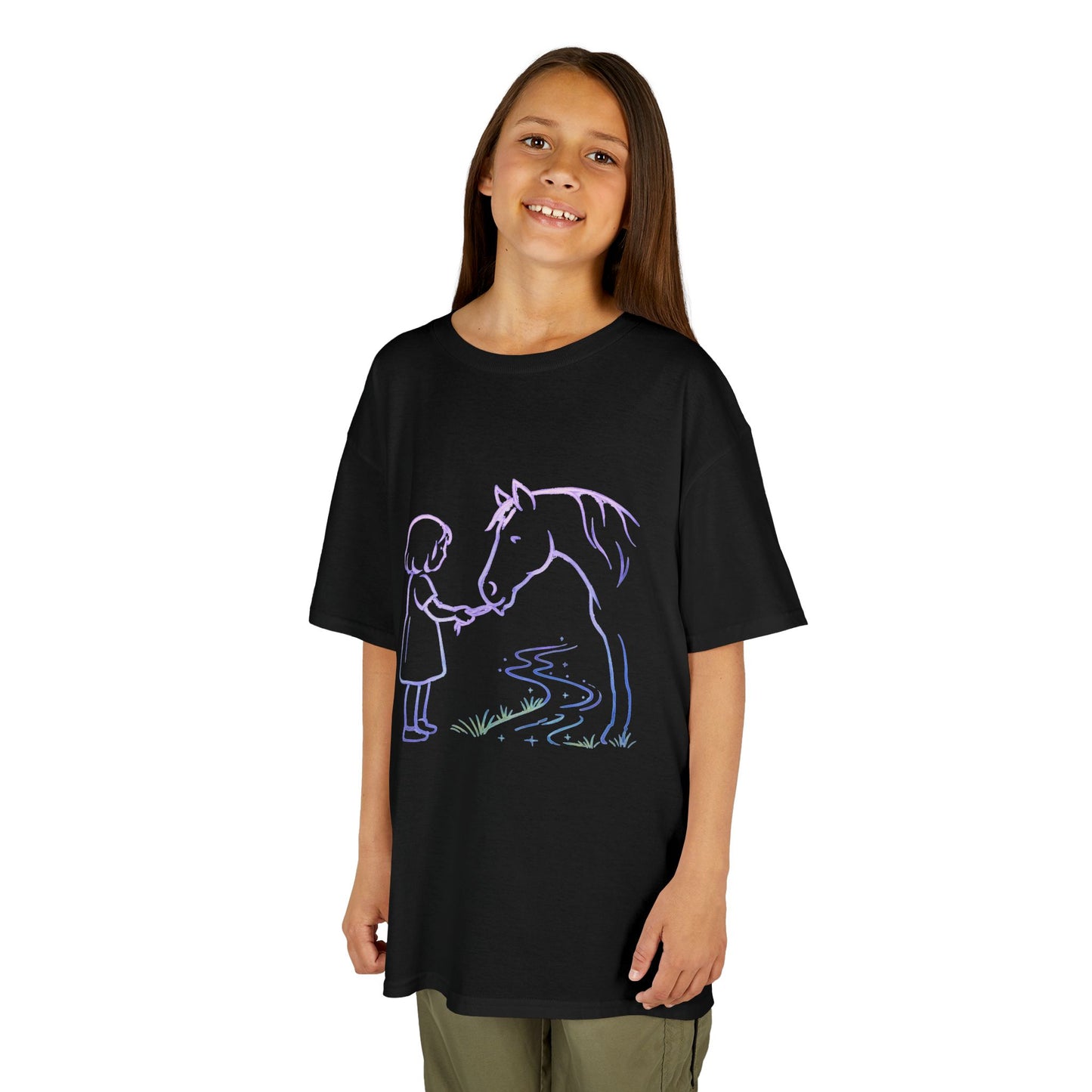 Girl Feeding Horse Kids Tee | Cute Neon Line Art