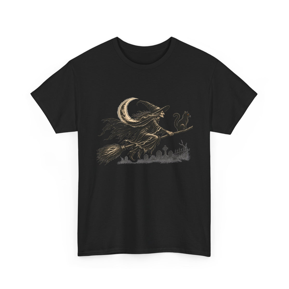 Crescent Witch Broom T-Shirt — Spooky Halloween Witch Graphic Tee