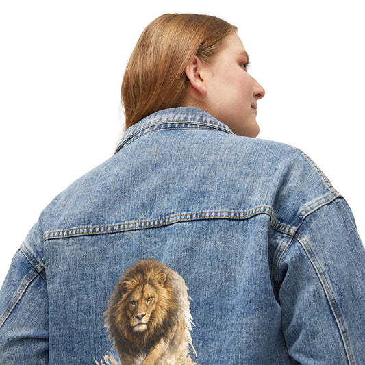 Realistic Lion Illustration Denim Jacket | Lion Graphic Jacket