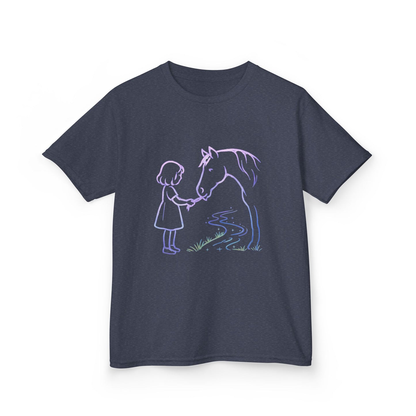 Girl Feeding Horse Kids Tee | Cute Neon Line Art
