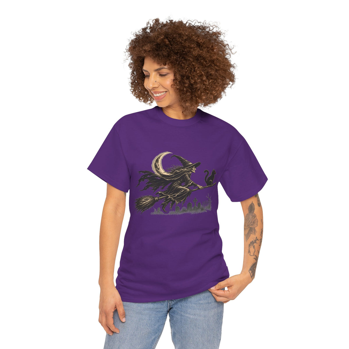 Crescent Witch Broom T-Shirt — Spooky Halloween Witch Graphic Tee