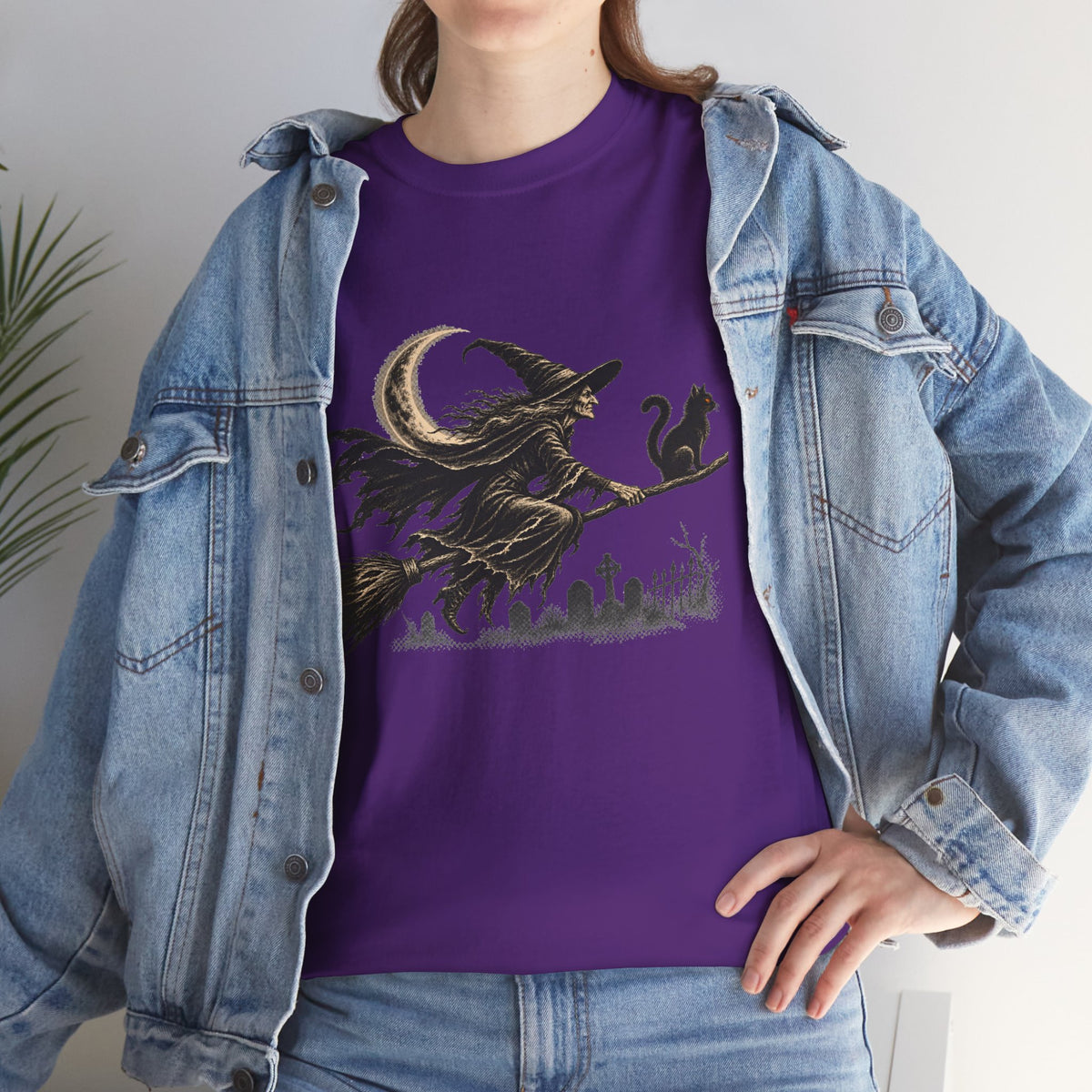 Crescent Witch Broom T-Shirt — Spooky Halloween Witch Graphic Tee
