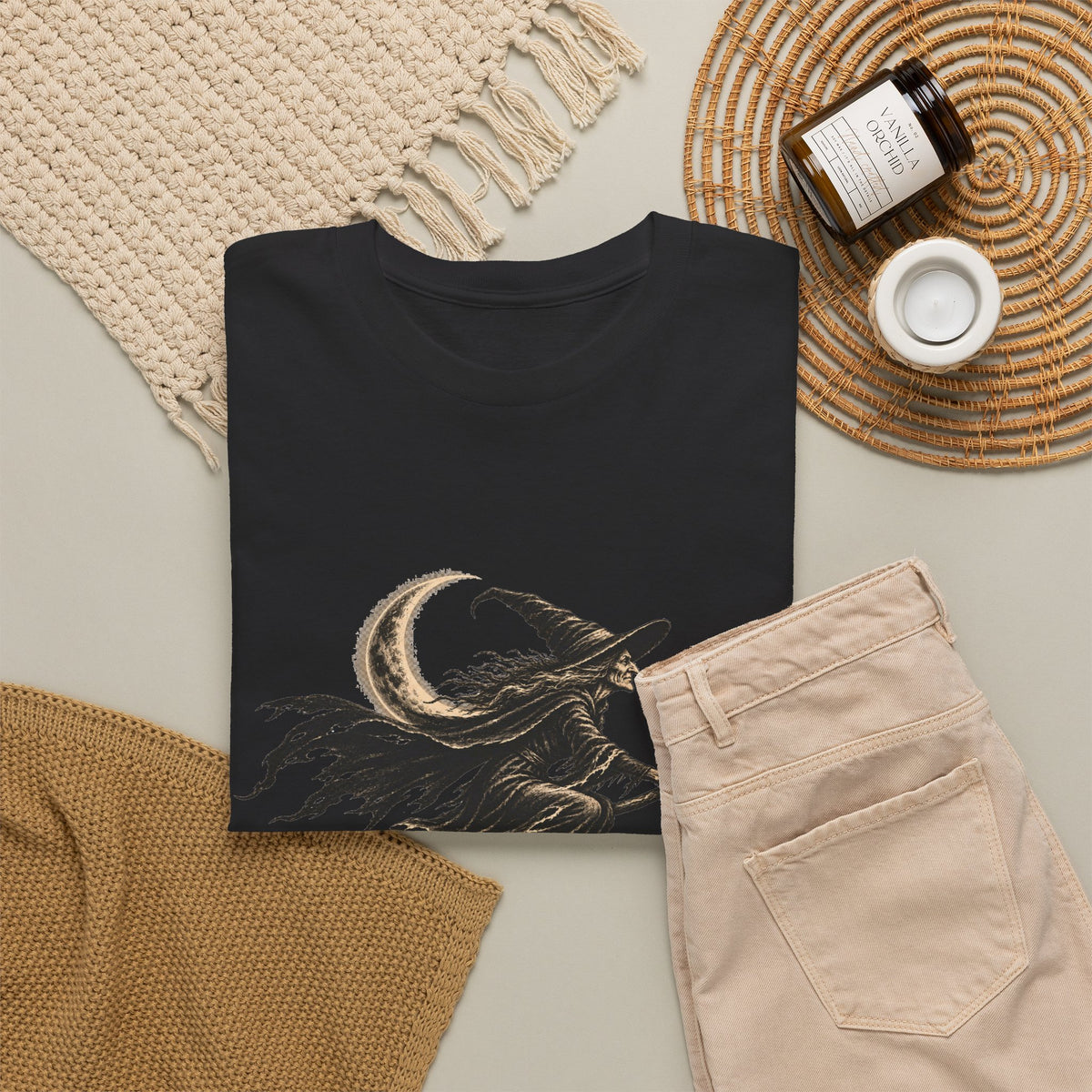 Crescent Witch Broom T-Shirt — Spooky Halloween Witch Graphic Tee