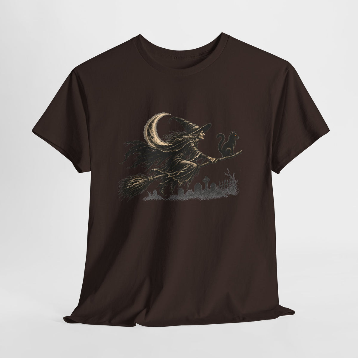 Crescent Witch Broom T-Shirt — Spooky Halloween Witch Graphic Tee