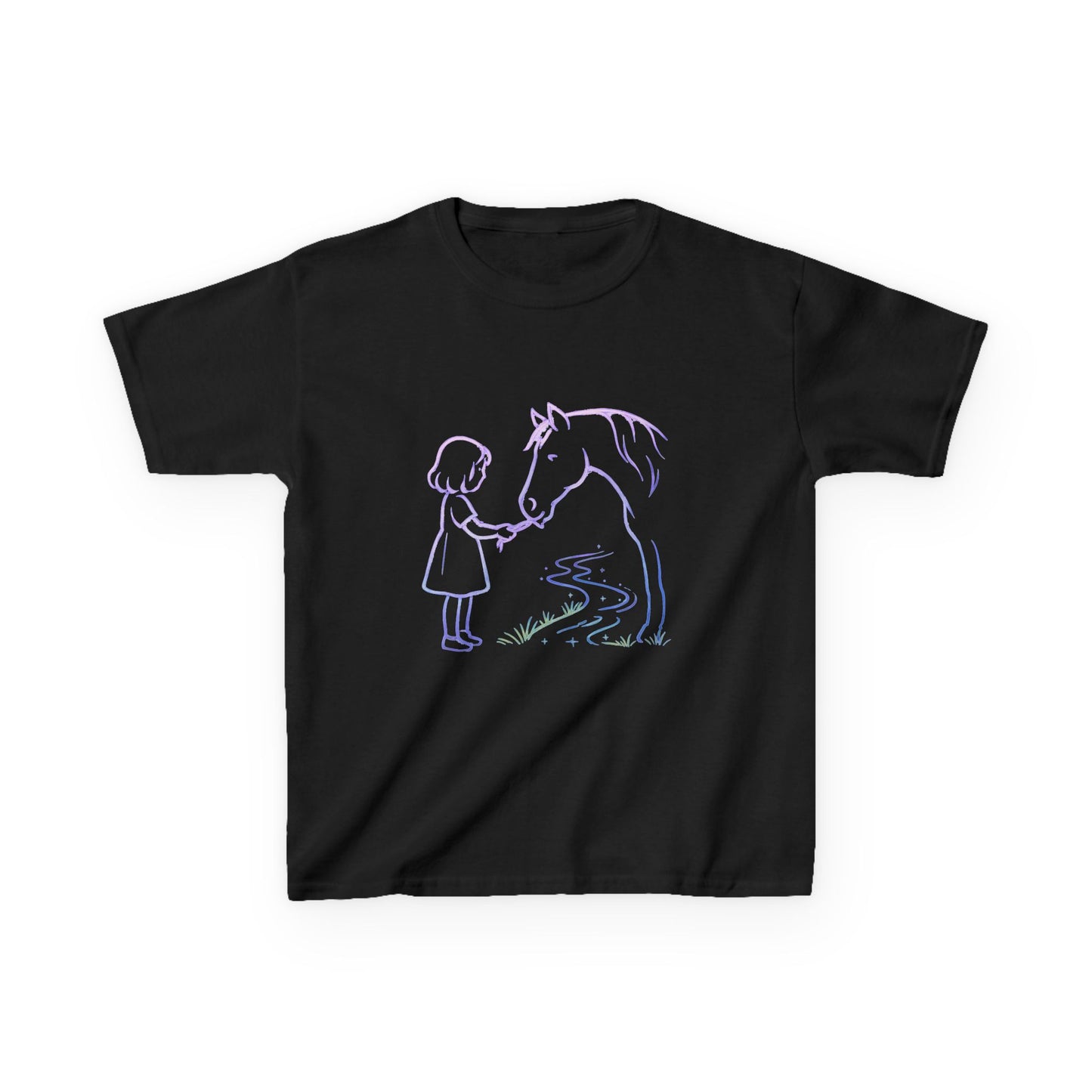Girl Feeding Horse Kids Tee | Cute Neon Line Art