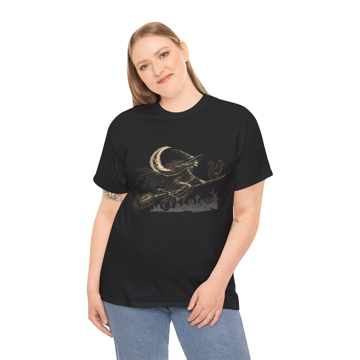 Crescent Witch Broom T-Shirt — Spooky Halloween Witch Graphic Tee