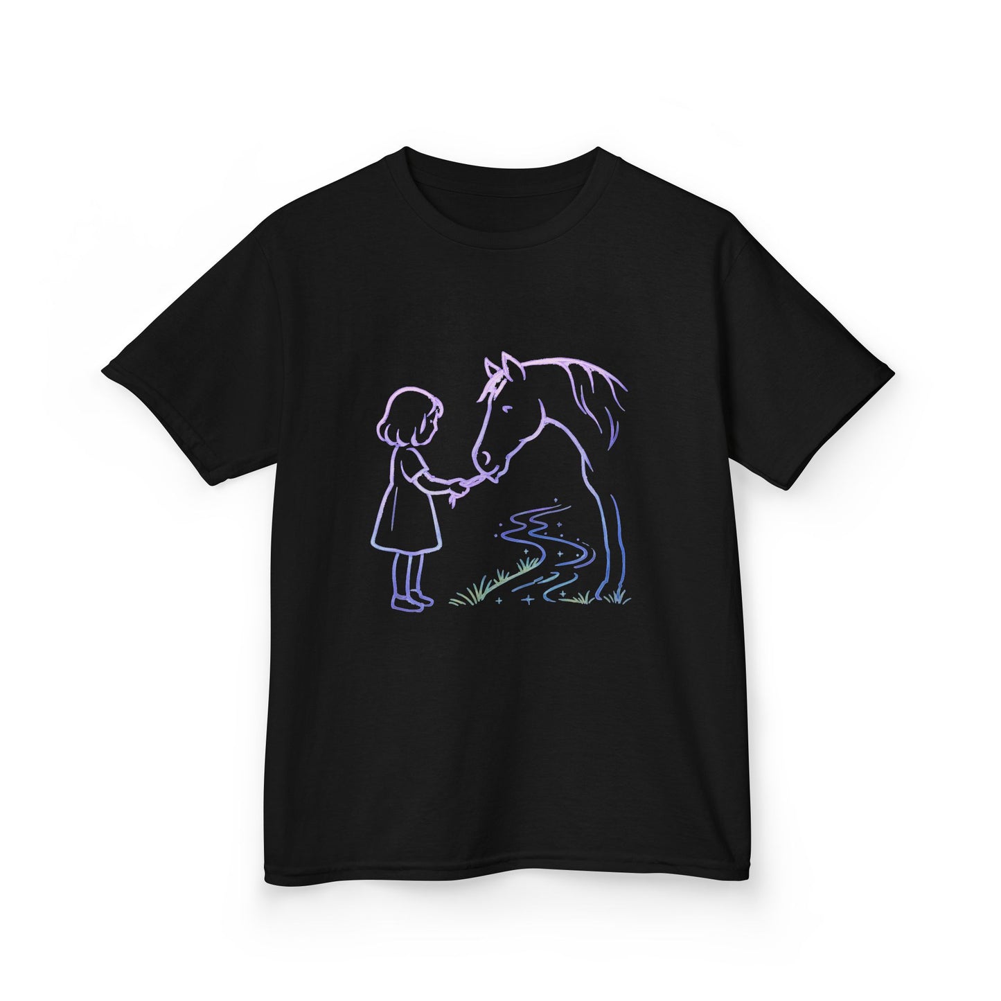Girl Feeding Horse Kids Tee | Cute Neon Line Art