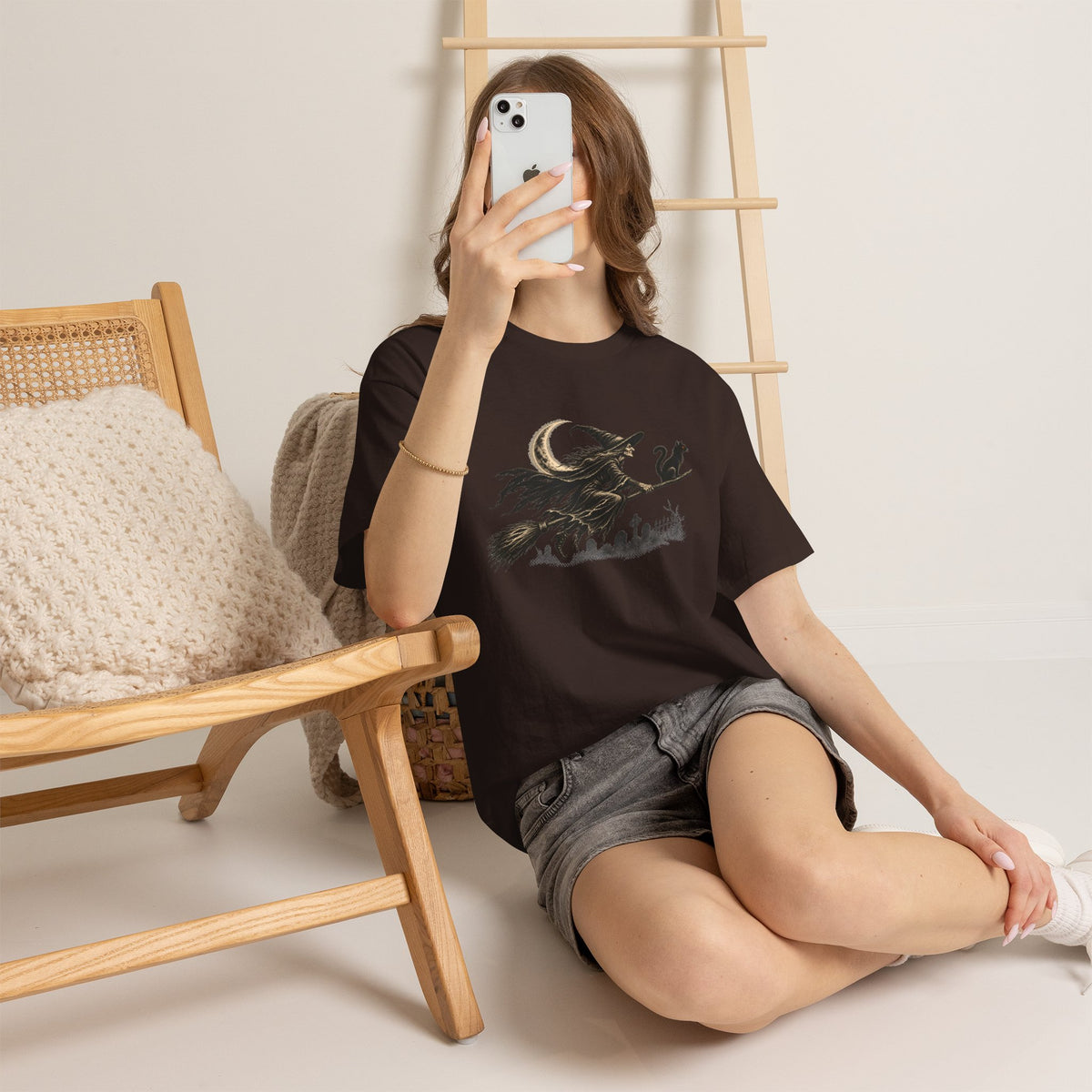 Crescent Witch Broom T-Shirt — Spooky Halloween Witch Graphic Tee