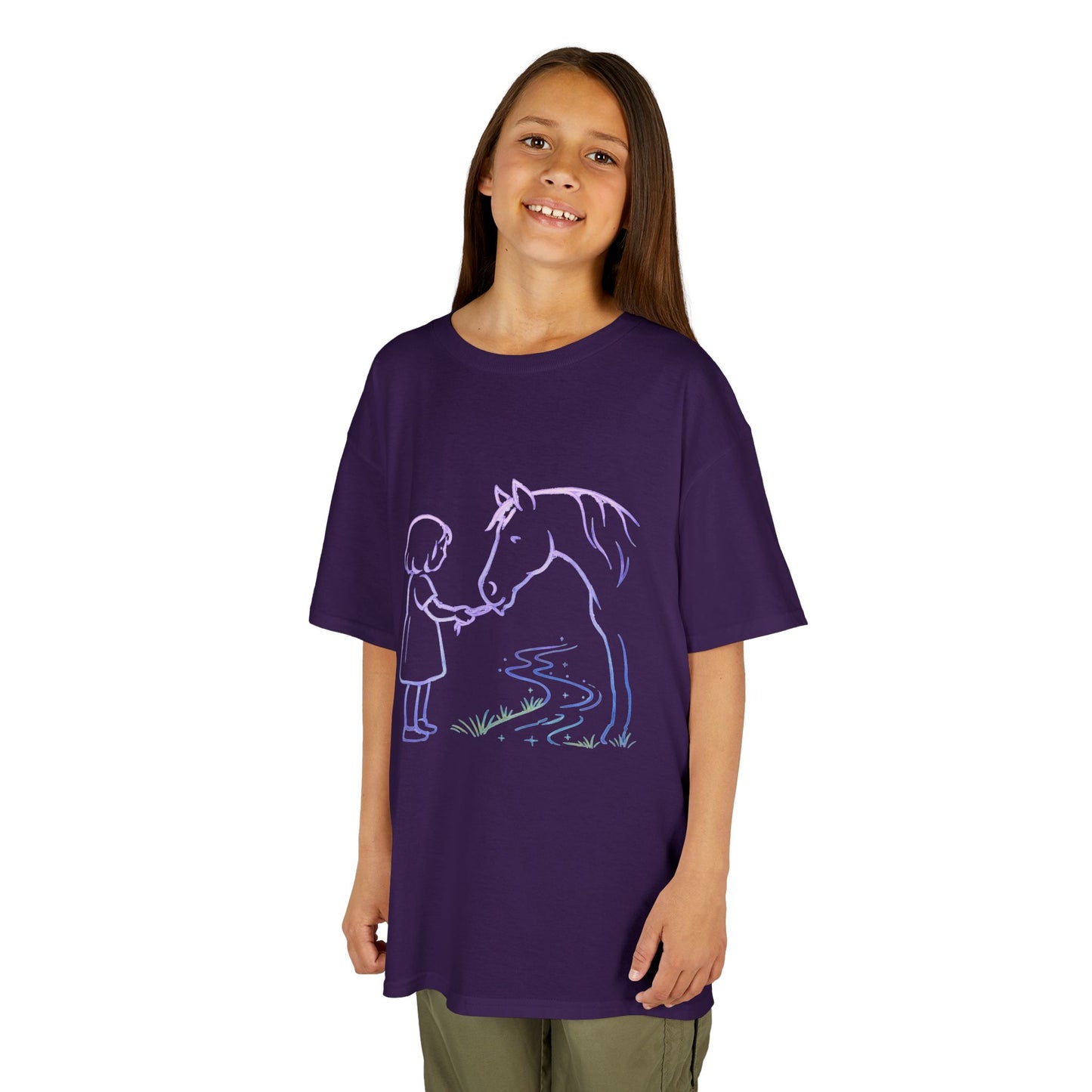 Girl Feeding Horse Kids Tee | Cute Neon Line Art