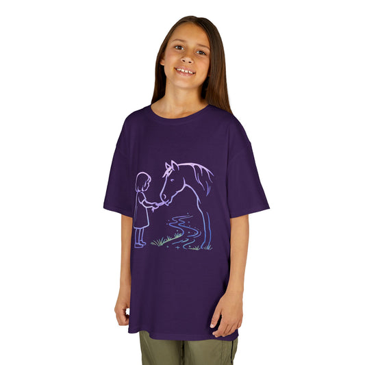 Girl Feeding Horse Kids Tee | Cute Neon Line Art