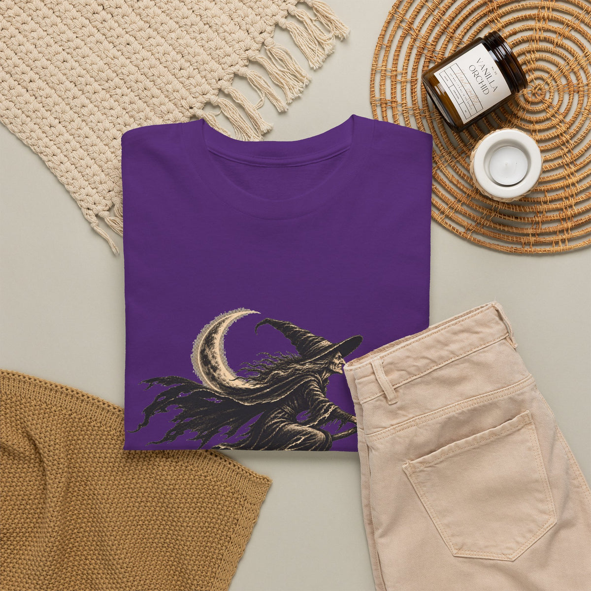 Crescent Witch Broom T-Shirt — Spooky Halloween Witch Graphic Tee