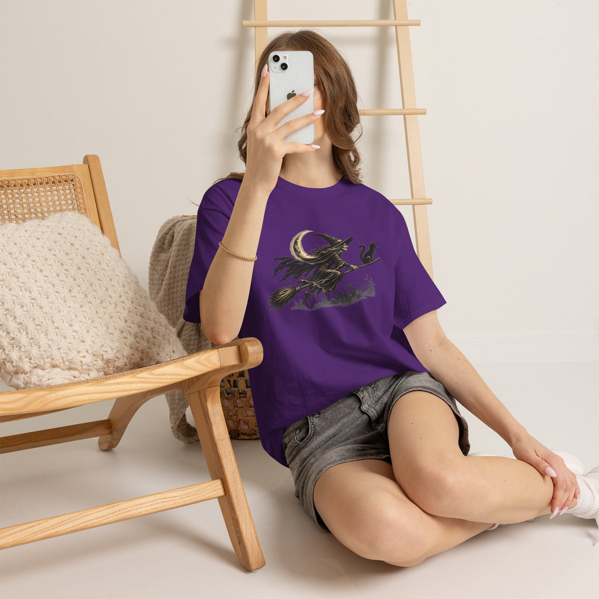 Crescent Witch Broom T-Shirt — Spooky Halloween Witch Graphic Tee