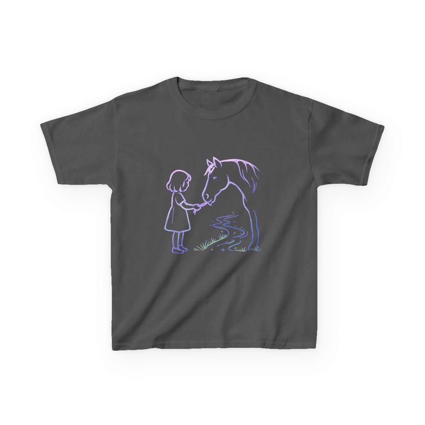 Girl Feeding Horse Kids Tee | Cute Neon Line Art