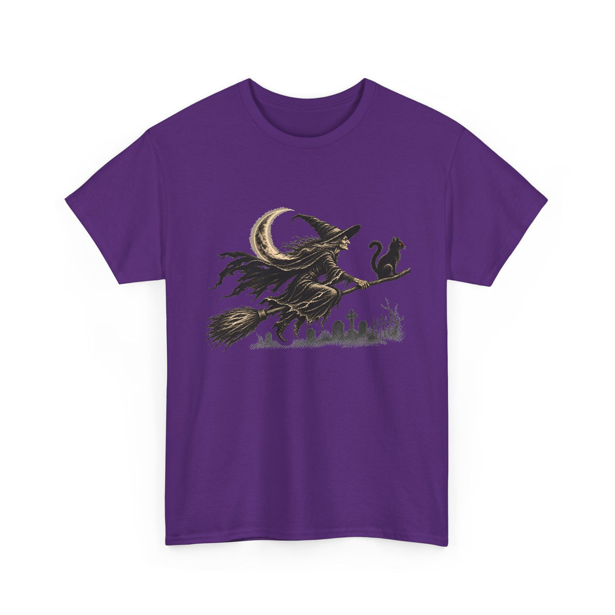 Crescent Witch Broom T-Shirt — Spooky Halloween Witch Graphic Tee