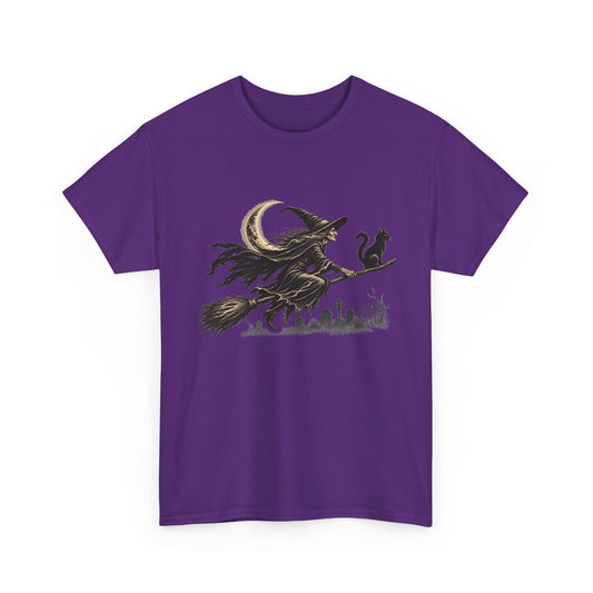 Crescent Witch Broom T-Shirt — Spooky Halloween Witch Graphic Tee