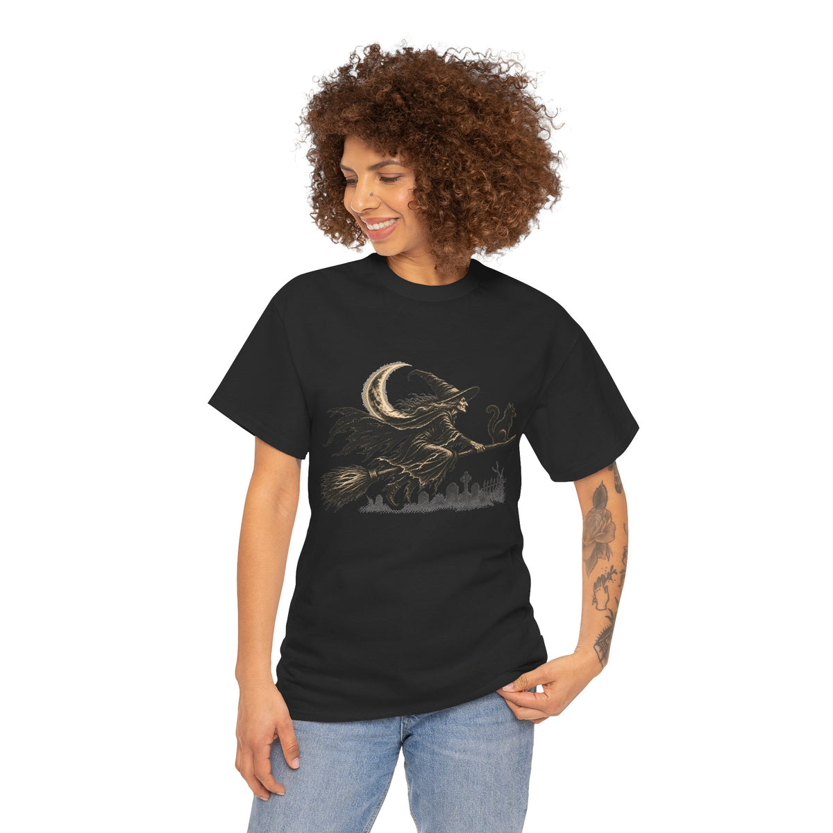 Crescent Witch Broom T-Shirt — Spooky Halloween Witch Graphic Tee