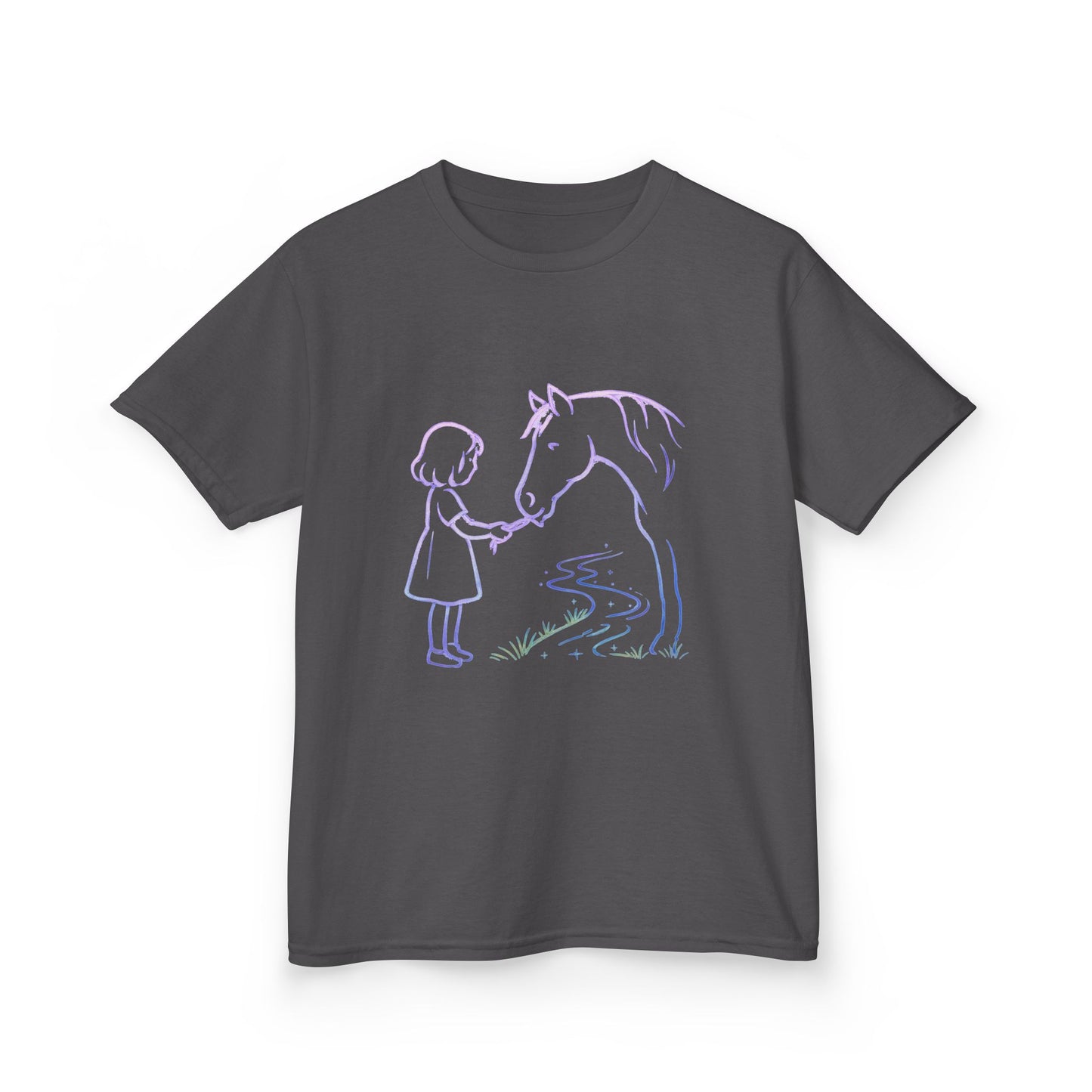 Girl Feeding Horse Kids Tee | Cute Neon Line Art