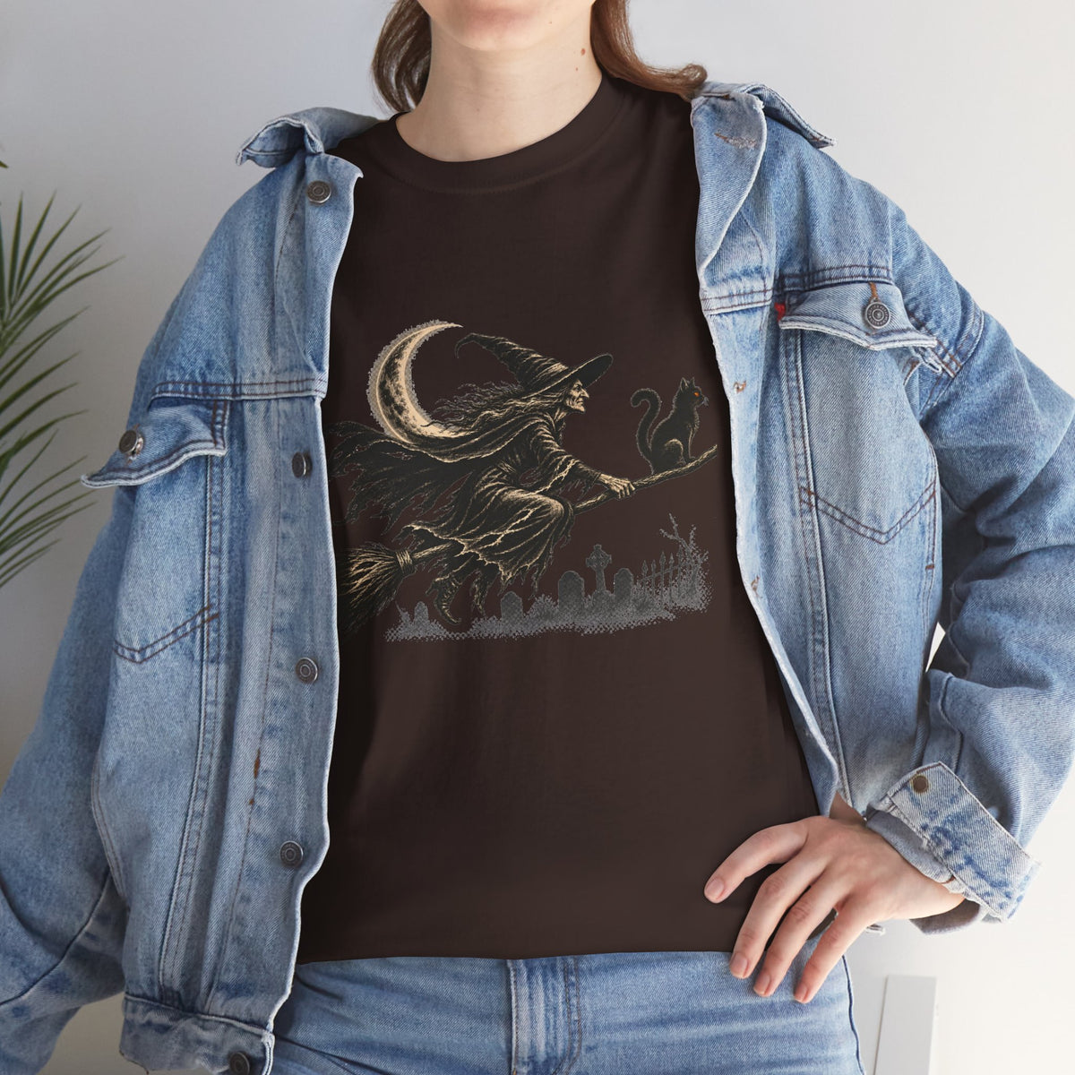 Crescent Witch Broom T-Shirt — Spooky Halloween Witch Graphic Tee
