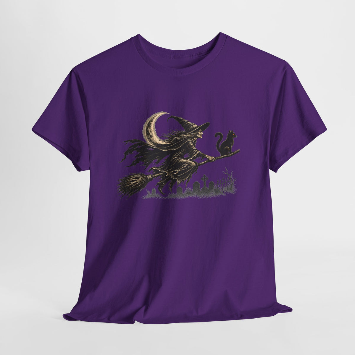 Crescent Witch Broom T-Shirt — Spooky Halloween Witch Graphic Tee
